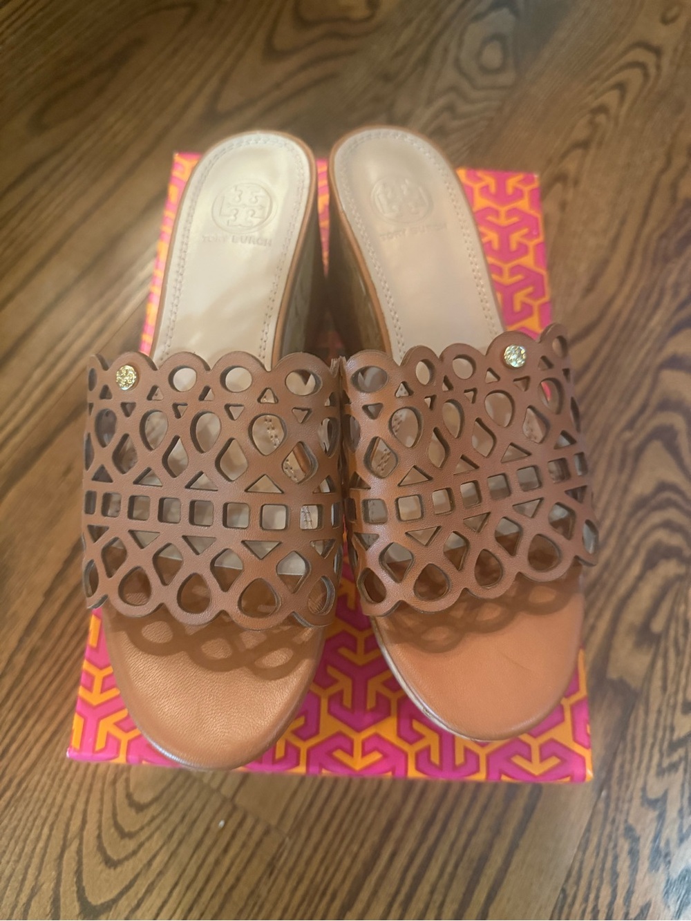 Tory Burch Tan Laser-Cut Leather Slide Mules